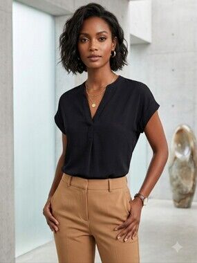 Rachel Rachel Roy Black Cap Sleeves Vneck Loose Fit Top Size Large